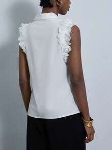 Aveloria Modichic 白色简约设计荷叶边袖口花卉装饰立领无袖A字休闲百搭女式衬衫 - 白色 - 查看 2