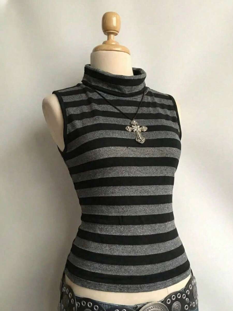 Attitoon Áo liền thân không tay cổ đứng in sọc đen xám phong cách tối giản thường ngày dành cho nữ, phù hợp cho mùa xuân/hè, phong cách cổ điển retro, phong cách nghỉ dưỡng thường ngày, phong cách gợi cảm, dễ thương, Y2K, Coconut Girl, Boho, kỳ nghỉ xuân, sẵn sàng cho bữa brunch, màu xanh nhạt, chuyến đi chơi của các cô gái, phong cách bãi biển neon, Bohemian, Hippie, lễ hội âm nhạc, mùa hè - Nhiều màu - Xem 1