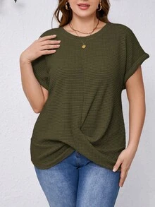 SHEIN Clasi 大码女式夏季休闲日常通勤度假简约纯色蝙蝠袖华夫格面料宽松T恤 - 軍綠色 - 查看 4