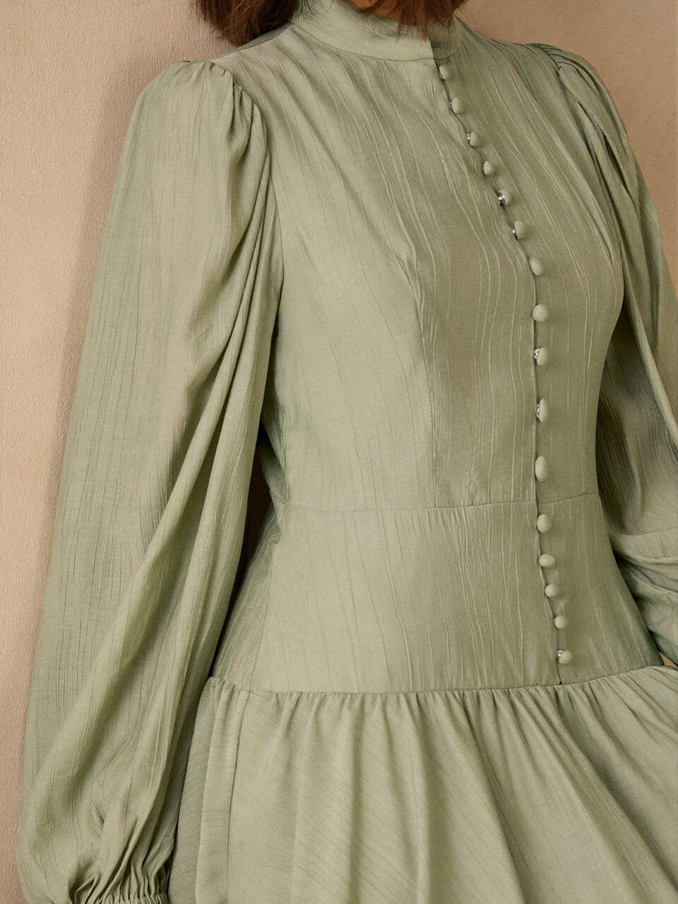 Enchnt Women's Elegant Sage Green Short Dress,Lantern Sleeve Button Design Ruffle Hem, Autumn Date Dress,Sweet&Elegant For Vacation&Holiday Parties