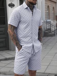 Manfinity Homme Men's Blue Gingham Summer Casual Vacation Holiday 2 Pieces Outfits,Button-Front Short Sleeve Shirt And Shorts Set,Grey Co Ord Set Summer Set For Men - Blue - View 4