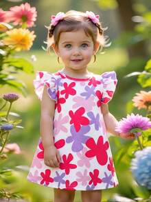 SHEIN Baby Girl Cute Casual Knitted Elastic Colorful Pattern Flutter Sleeve Dress,Summer Toddler Floral Print - Multicolor - View 3