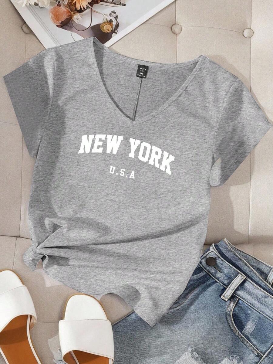 EMERY ROSE Áo thun tay ngắn cổ chữ V họa tiết New York cỡ lớn cho nữ, áo thun chui đầu tối giản giản dị cho mùa hè Áo thun trắng cho nữ - Xám - Xem 1