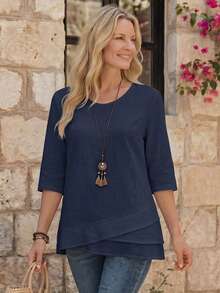 EMERY ROSE Fall Women Clothes Crew Neck Long Sleeve Floral All-Over Print Casual Top,Ladies Casual High Low Half Sleeve Round Neck Regular Fit Regular Navy Blue Regular Sleeve Top Women Blouses,Spring/Fall ,Casual Daily Wear - Navy Blue - View 3