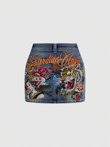 ROMWE J-Fashion Y2K复古低腰新款中国风菊花鲤鱼刺绣撞色牛仔迷你裙女装 - 藍色 - 查看 1