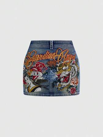 J-Fashion Y2K Retro Low-Waist Vintage New Chinese Style Chrysanthemum & Carp Embroidery Contrast Color Denim Mini Skirt For Women