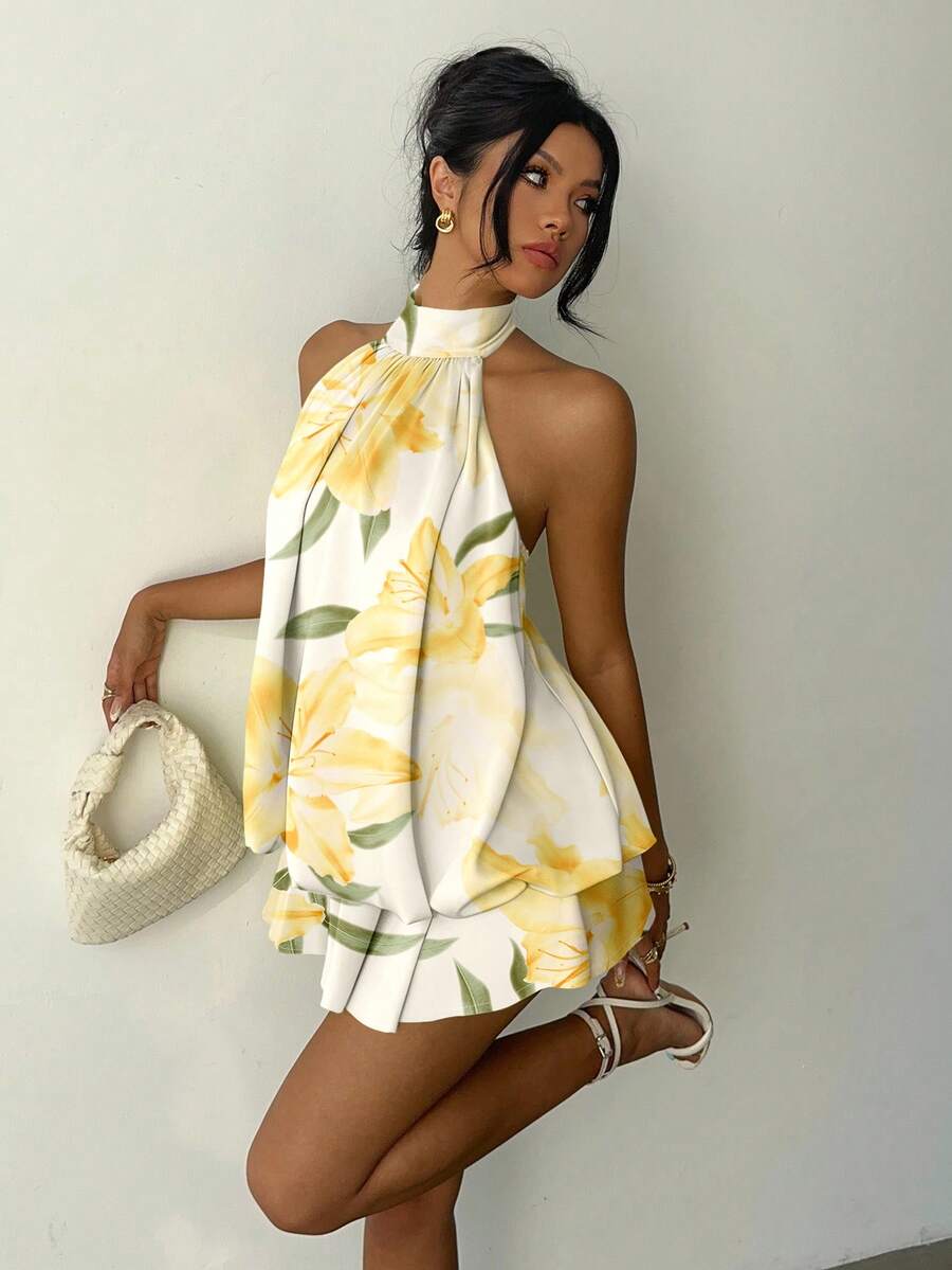 Aloruh 女士休闲露背迷你连衣裙，夏威夷花卉印花，度假连衣裙，夏季连衣裙，适合海滩穿着 - 彩色 - 查看 1