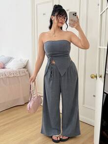SHEIN EZwear 两件套加大码女装夏季纯色侧抽绳露脐上衣和裤子时尚套装 - 灰色 - 查看 6