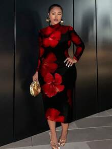 Slaydiva Robe longue à manches longues ajustée avec imprimé floral tropical, décontractée et convenant aux grandes tailles, idéale pour les vacances - Multicolore - Voir 6