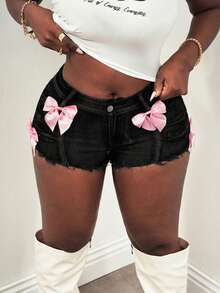 Slaydiva Quần short denim nữ gợi cảm, ôm sát, cạp thấp, thắt nơ, màu xanh dương, quần short nữ, quần jean nữ, quần short denim, trang phục mùa hè cho nữ nhân dịp Lễ Tình nhân, trang phục mùa hè xuân cho nữ. - màu đen - Xem 4