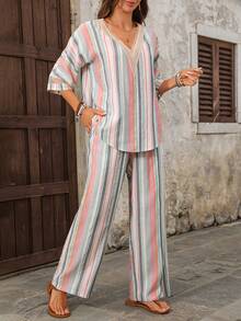 EMERY ROSE Bộ đồ nữ đi nghỉ mát kẻ sọc cổ chữ V tay lửng và quần dài, kiểu dáng thường ngày, gồm 2 món. - Nhiều màu - Xem 6