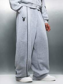 PLAYBOY X SUMWON Pantalones de chándal con globo y logo pequeño en el lateral, pantalones de chándal con cordón elástico para uso casual, cómodos y de invierno - Gris - Ver 1