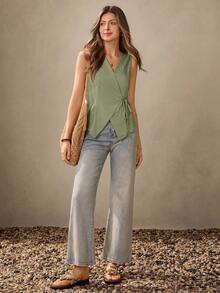 Wildy 波西米亚风休闲美式乡村风无袖裹身衬衫，适合教师、办公室通勤穿着，复古造型 - 軍綠色 - 查看 4