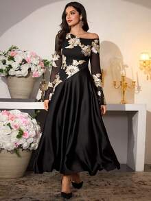 Modelyn Blouse grande taille pour femmes, sexy, marron, à épaules dénudées, en maille brodée, à manches longues, taille haute - Noir - Voir 4