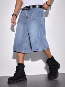 ROMWE MEN Essentials Quần short denim ống rộng dáng suông, không đối xứng, có túi dành cho nam. - Màu xanh lam - Xem 6