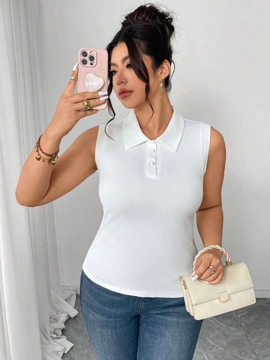 Elenzga Plus Size Women White Ribbed Knit Camisole,High Stretch Sleeveless Top,Half-Open Collar Pearl Button Splice,Elegant Fashionable Summer Casual Teacher - White - View 1