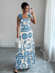 SHEIN PETITE 女士休闲波西米亚风露背印花吊带连衣裙 - 藍色 - 查看 1