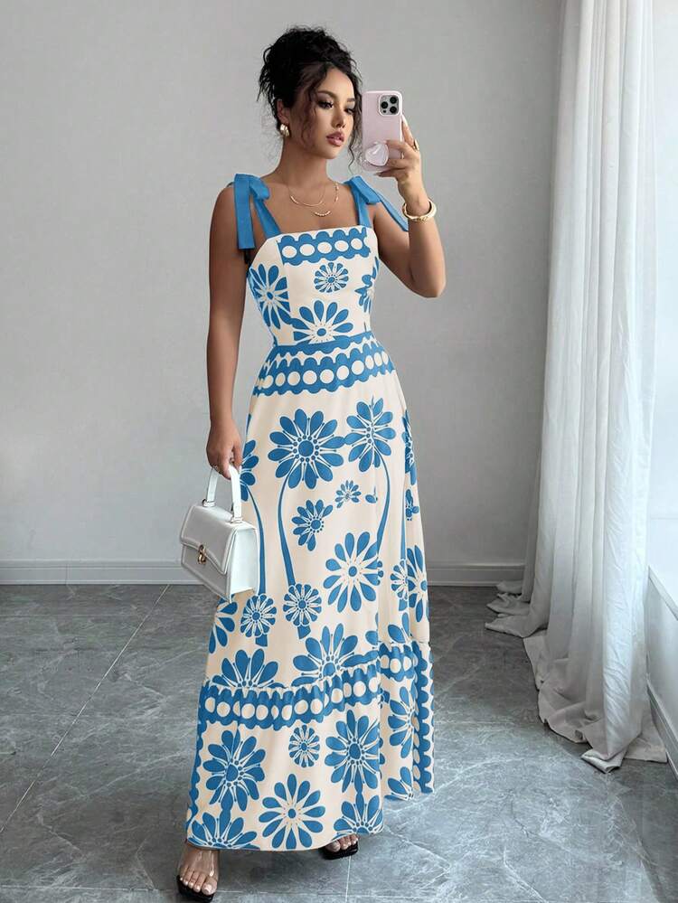 SHEIN PETITE Women's Casual Bohemian Style Backless Printed Long Cami Dress  Blue Floral Maxi Dress Blue And White Sundress Long Summer Dress Floral  Sundress Vacation Dress | SHEIN USA