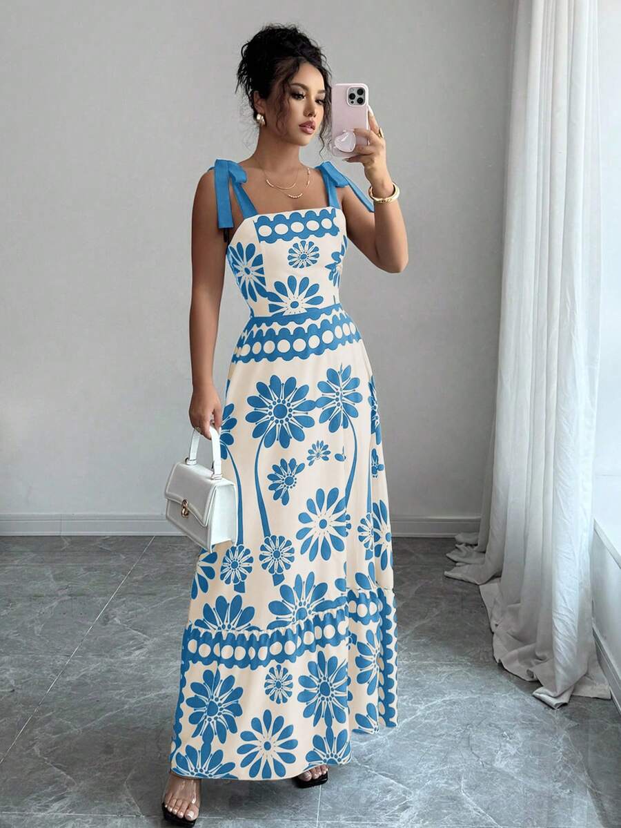 SHEIN PETITE Đầm hai dây in họa tiết, kiểu dáng bohemian thường ngày dành cho nữ. - Màu xanh lam - Xem 1