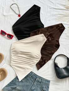 Soleia 3pcs Women's Pleated Asymmetric Hem Casual Tops, Fashion Versatile Blouse For Dating And Outings Spring - Multicolor - View 3