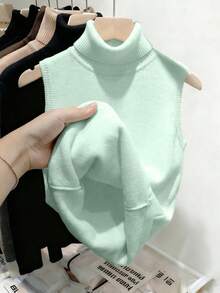Franclia Áo vest dệt kim không tay thời trang mới cho mùa thu/đông dành cho nữ, dáng ôm, mềm mại và ấm áp, dày dặn, cổ cao, thích hợp mặc lót bên trong. - màu xanh lá - Xem 2