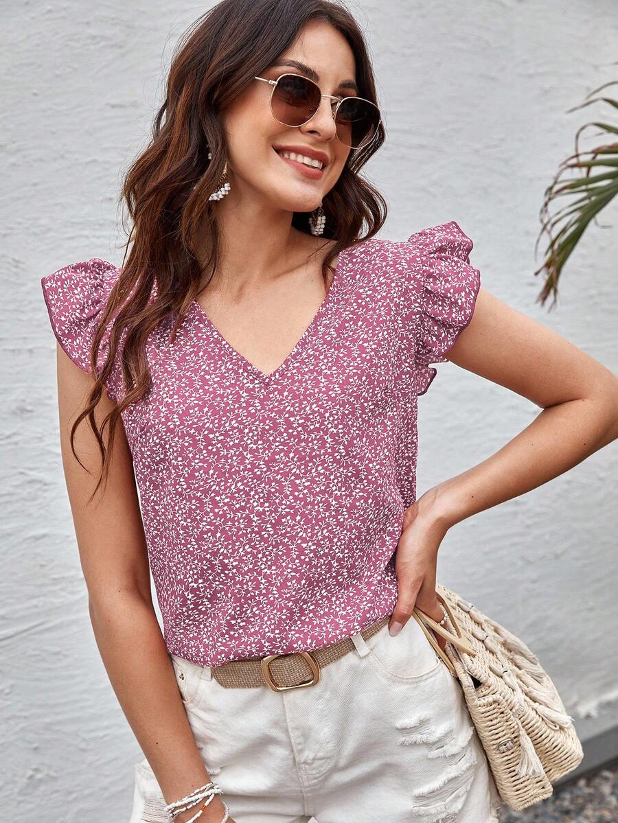 SHEIN Clasi Women's Casual Ditsy Floral Ruffle V-Neck Blouse, Summer - Purple - View 1