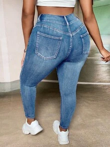 SHEIN SXY Quần jean skinny dáng rộng thoải mái dành cho nữ cỡ lớn - Rửa trung bình - Xem 2