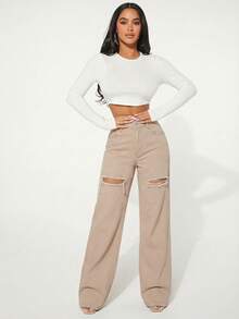 SHEIN SXY Women's Casual Everyday Commute Fashion Street Distressed Loose Straight Leg Jeans - Khaki - View 5