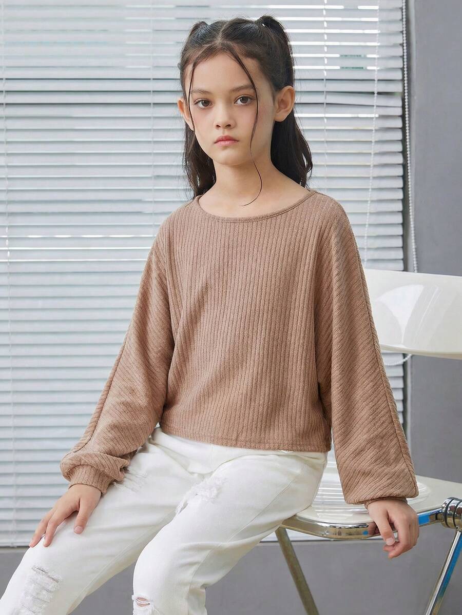 SHEIN 適合青少年女孩穿著的寬鬆復古長袖肋狀t恤 - 杏色 - 查看 1