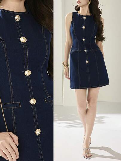Heiryn Vestido vaquero casual sin mangas con diseño de botones metálicos de cuello redondo para mujer