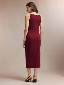 SHEIN BIZwear 2026 Spring/Summer New Wine Red Thin Strap Design Waist Ruched Metal Decor Dress, Versatile For Layering, Y2K, Office, Business, Social Occasions - Burgundy - View 9