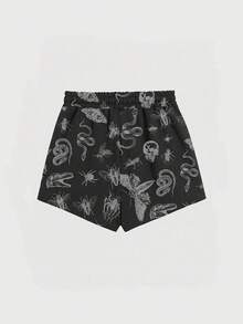 Goth Summer Outfits Plus Size Plant & Insect Print Drawstring Waist Casual Shorts, Suitable For Home, Outdoor - Black - View 2