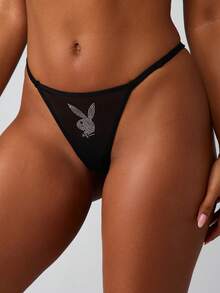 Missguided x Playboy Rhinestone Bunny Logo Thong Underwear With Hotfix Crystal Embellishment Intimate Apparel, Sexy Outfit - Black - View 3