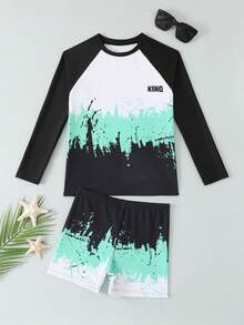 Boys' Long Sleeve Patchwork Swimsuit + Swim Trunks 2-Piece Swimwear Set - Multicolor - View 5