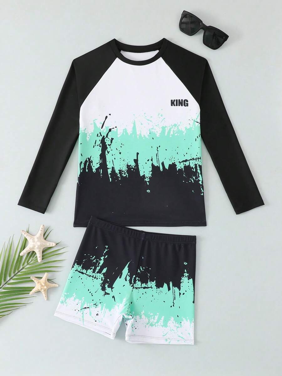 Boys' Long Sleeve Patchwork Swimsuit + Swim Trunks 2-Piece Swimwear Set - Multicolor - View 1