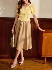 Vintamour 女士刺绣圆领短袖休闲针织开衫 - 黃色 - 查看 3