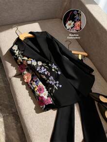 GlowEve CURVE Plus Size 2 Pieces Suit, High-End 3D Floral Long Sleeve Blazer, Fashionable & Elegant, Formal Occasion Outfit With Button Jacket & Slim Flare Pants - Black - View 1