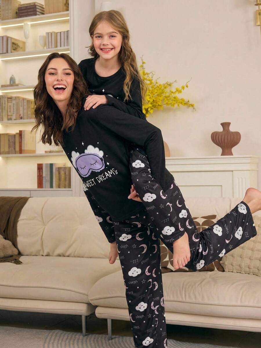 Genkimix Kids 女童简约玫红色睫毛印花长袖上衣和裤子两件套睡衣套装