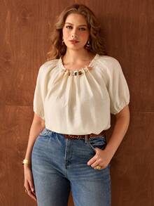 Roveilla Plus Size Women's Beige Summer Elegant Tea Party Blouse,Linen Round Neck Beaded Pleated Raglan Sleeve Loose Fit Elastic Cuff Tops,Vintage French Style - Apricot - View 4