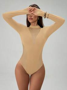 SHEIN Tall 女款時尚透視網紗拼接長袖連身衣，適合高個女性 - 卡其色 - 查看 4