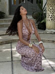 Opulessa 女士性感露背连衣裙，适合海滩度假 - 棕色 - 查看 2