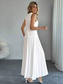 Easowa White Pleated Women's Suit Set, Vest And Pleated A-Line Skirt, Suitable For Elegant Commuting, Business Commuting, Wedding Guest Attire, Spring/Summer - White - View 7