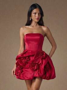 SHEIN BAE Rochie tip bandeau roșie cu imprimeu floral 3D pentru femei - roșu - Vizualizare 2