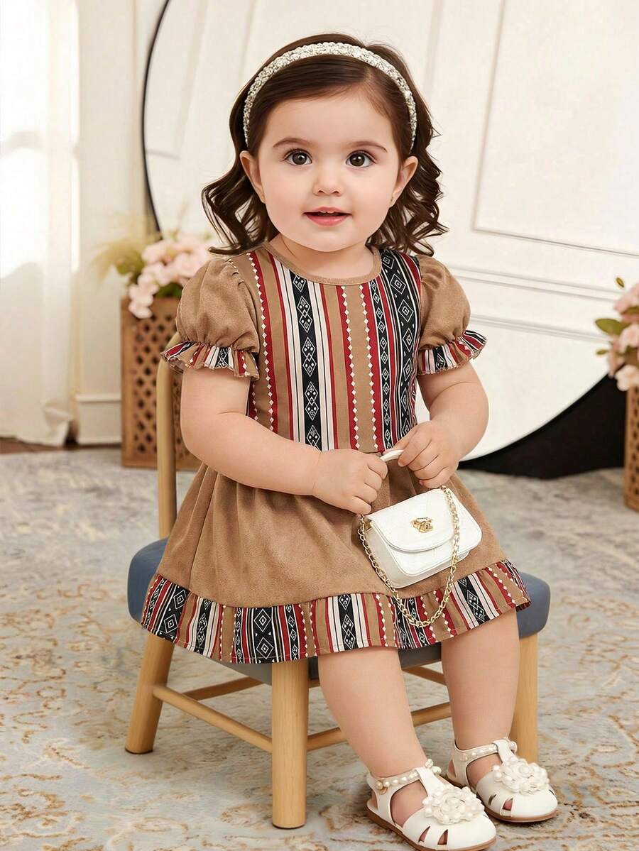 SHEIN Baby Girl Geometric Print Puff Sleeve Shirt Top And Skirt Casual Outfit, Suitable For Daily Wear And Gatherings - Multicolor - View 1