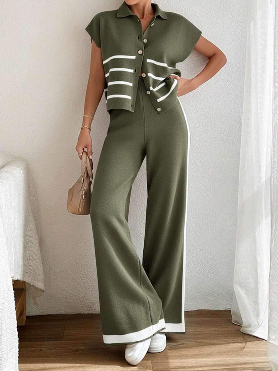 Stripe Polo Neck Sweater & Knit Pants Co-Ords - Green - View 1