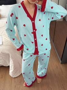 Dream Adore Women's Pink Striped Heart Patchwork Cardigan Pajama Set - Multicolor - View 4