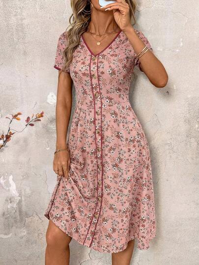 SHEIN Clasi Damklänning med V-ringning, rosa, småblommig, a-linjeformad midja och elastisk midja, elegant för vardagsbruk, vår/sommar
