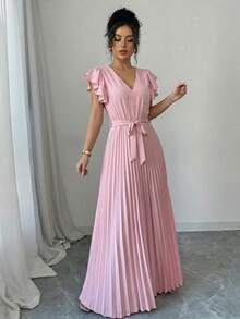 Elenzga V-Neck Cap Sleeve Ruched A-Line Elegant Romantic Sophisticated Women Dress - Dusty Pink - View 3