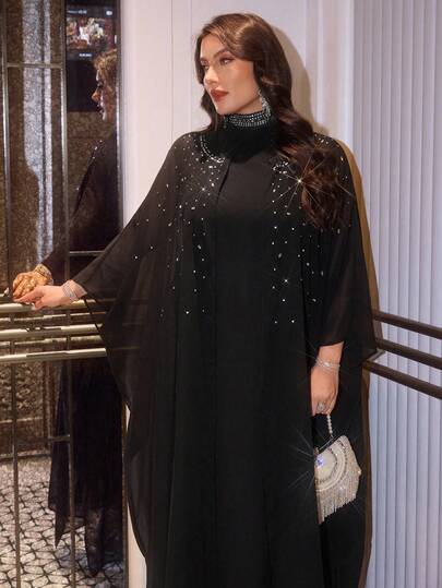 Modelyn 2pcs Plus Size Women's Fashion Rhinestone Decor Stand Collar Shiny Dress Set