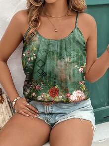 EMERY ROSE 休闲简约优雅树叶印花大码吊带背心，适合夏季女性穿着，夏季女装，复古春季波西米亚风上衣，绿色夏季上衣，波西米亚风夏季上衣，波西米亚风女装 - 彩色 - 查看 5